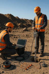 Sensor geotécnico midiendo módulo de elasticidad del suelo en campo.