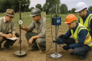 Ingenieros analizando datos de rigidez del terreno en software especializado