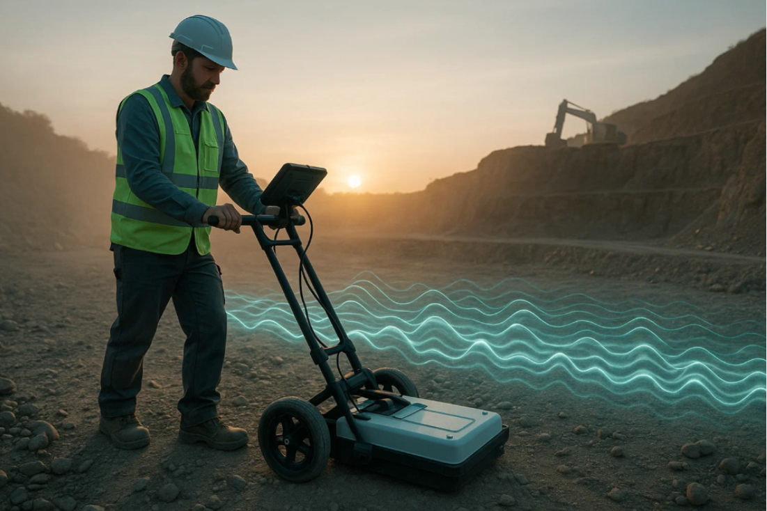 Escaneo geofísico con Georradar GPR en superficie rocosa.