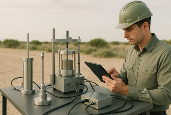 Ingeniero utilizando laboratorio geotécnico portátil en campo