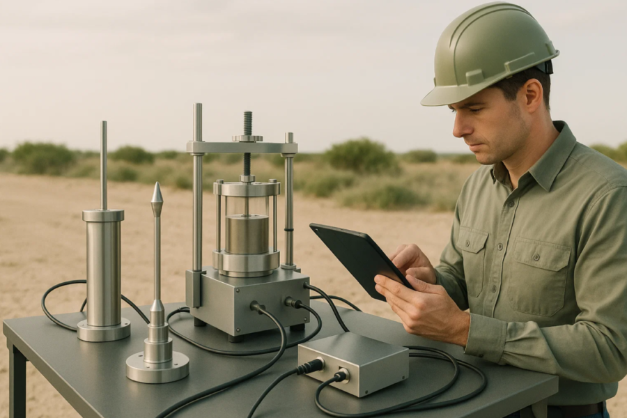 Ingeniero utilizando laboratorio geotécnico portátil en campo