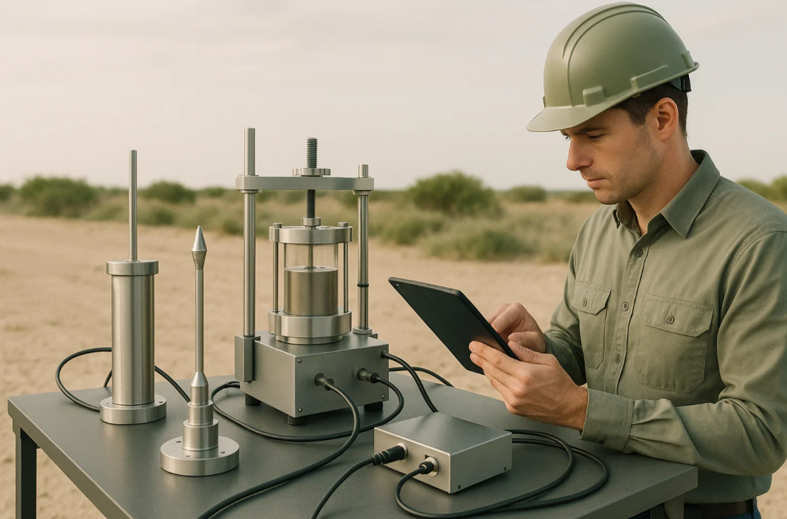 Ingeniero utilizando laboratorio geotécnico portátil en campo