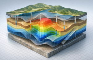 Visualización tridimensional del subsuelo mediante Digital Twin geotécnico, integrando datos geotécnicos y geofísicos en un modelo digital.
