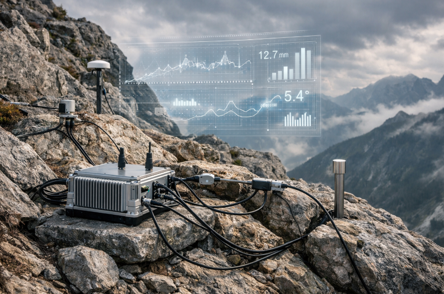 Sistema de monitoreo geotécnico con sensores y unidad de adquisición procesando datos en campo mediante edge computing